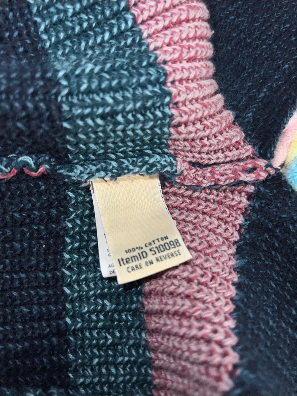 L.L. Bean Womens L Pullover Crewneck Sweater Pink Navy Teal Striped Cotton Knit - Picture 4 of 7